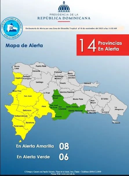 COE: 14 provincias en alerta por disturbio tropical que afectará RD con fuertes lluvias