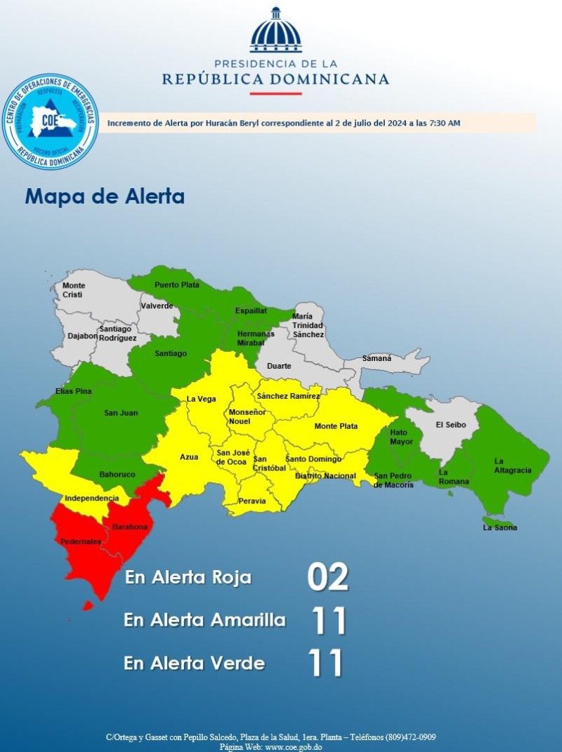 Barahona y Pedernales siguen en alerta roja por Beryl; otras 22 provincias en amarilla y verde