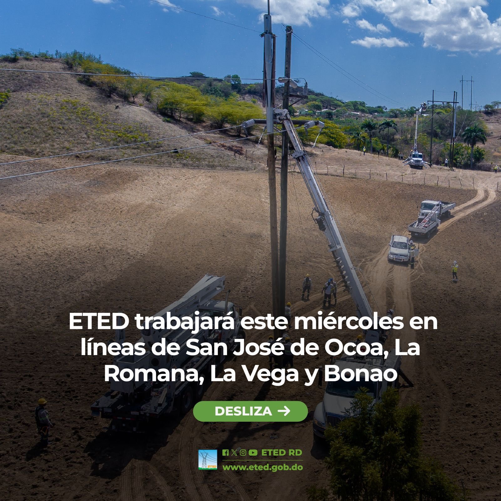 ETED trabajará este miércoles en líneas de San José de Ocoa, La Romana, La Vega y Bonao