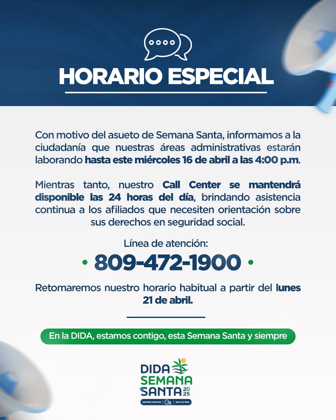 DIDA informa continuidad de su línea de asistencia 24 horas durante Semana Santa