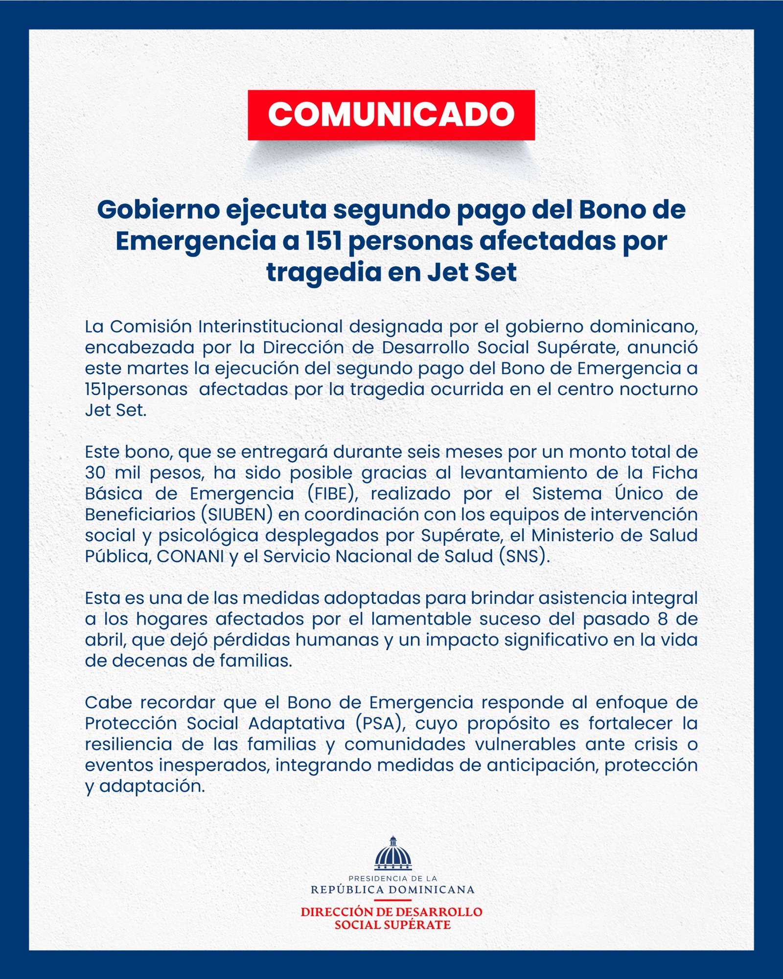 Gobierno ejecuta segundo pago del Bono de Emergencia a 151 personas afectadas por tragedia en Jet Set