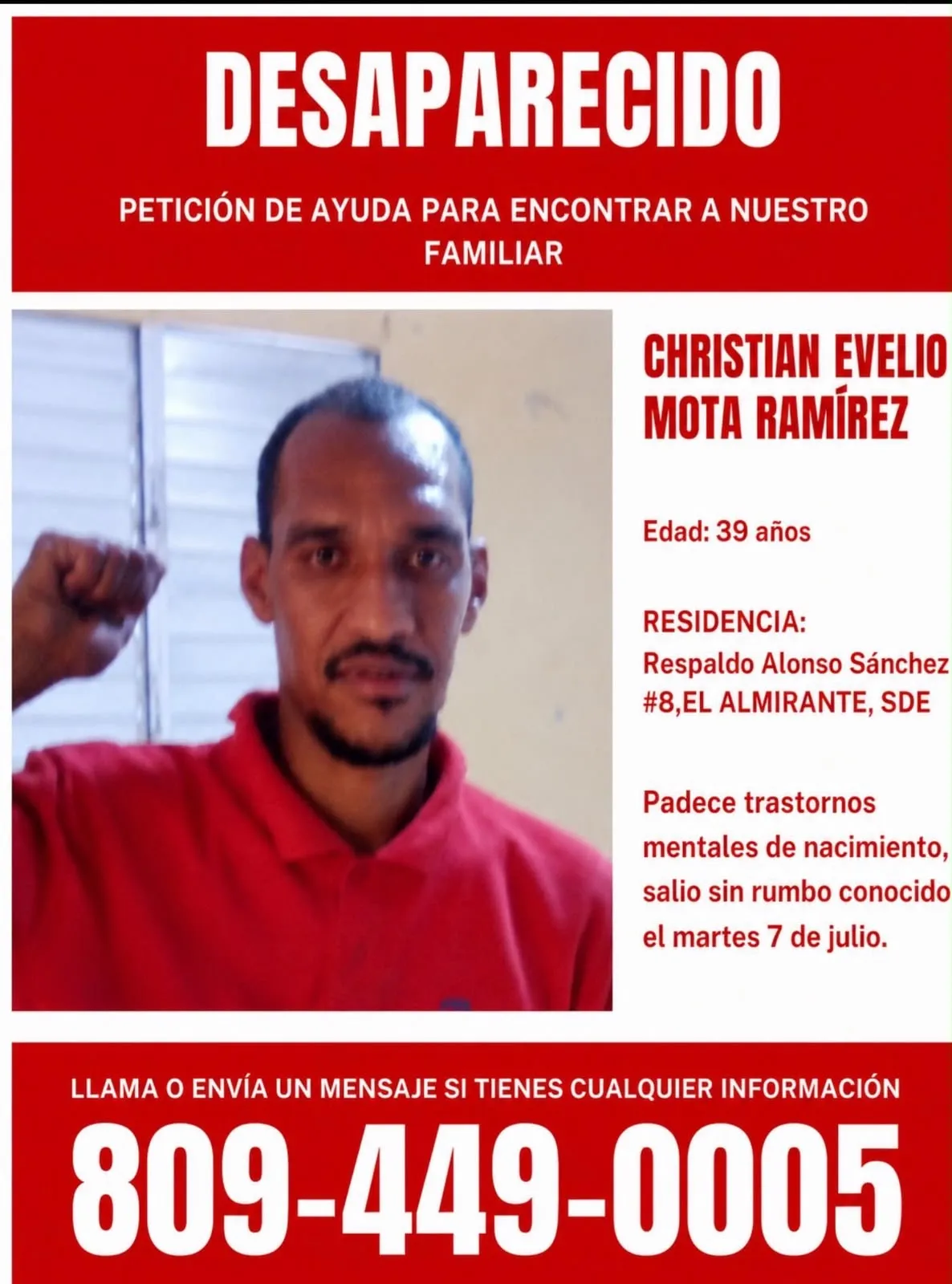 Piden ayuda para localizar a hombre desaparecido en El Almirante, Santo Domingo Este
