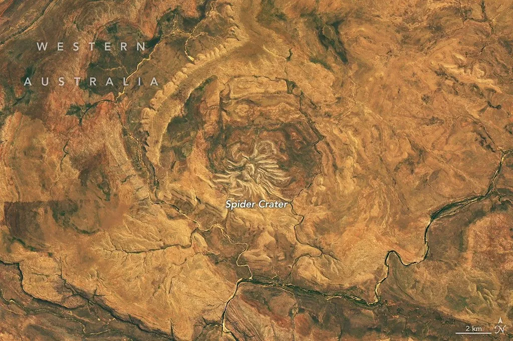 La NASA ha fotografiado desde el espacio un gigantesco cráter en Australia con forma de araña