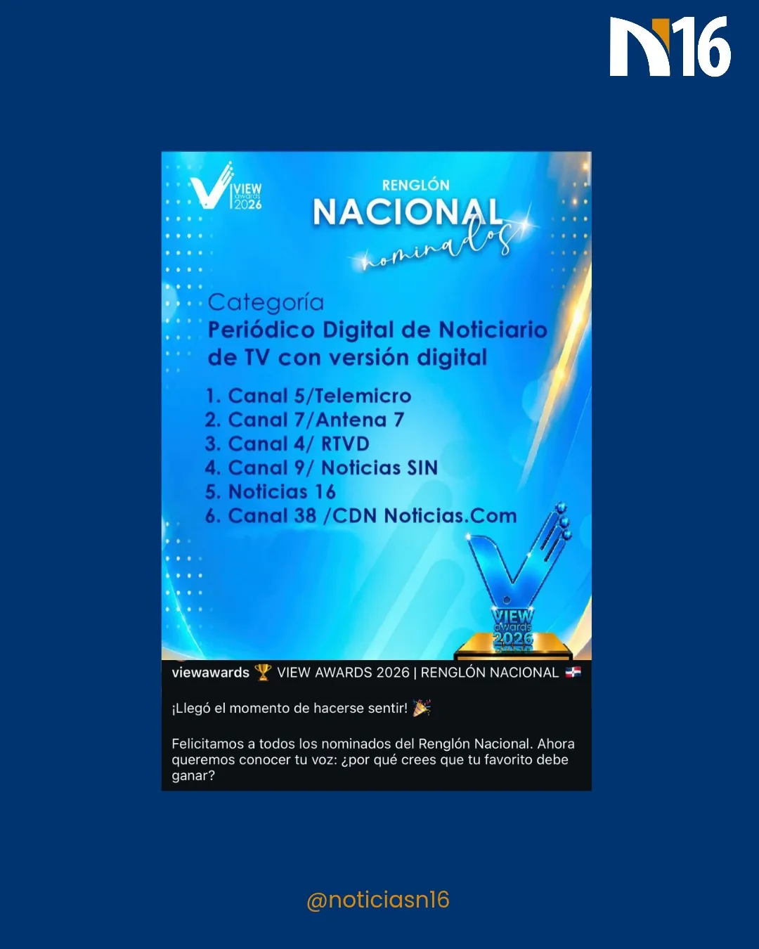 Noticias 16 es nominado a los VIEW Awards 2026 y fortalece su presencia entre los medios informativos del país