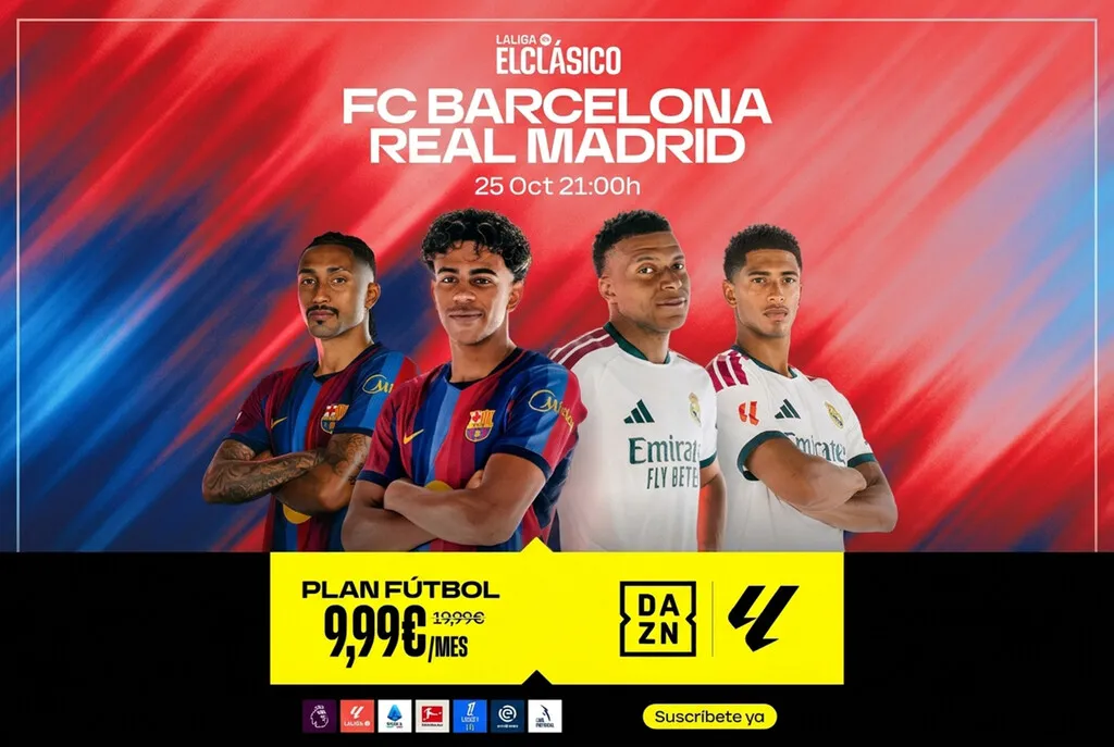 DAZN tira el precio de su plan fútbol (por tiempo limitado) para ver el Clásico y más partidos esta temporada. Solo 9,99 euros al mes